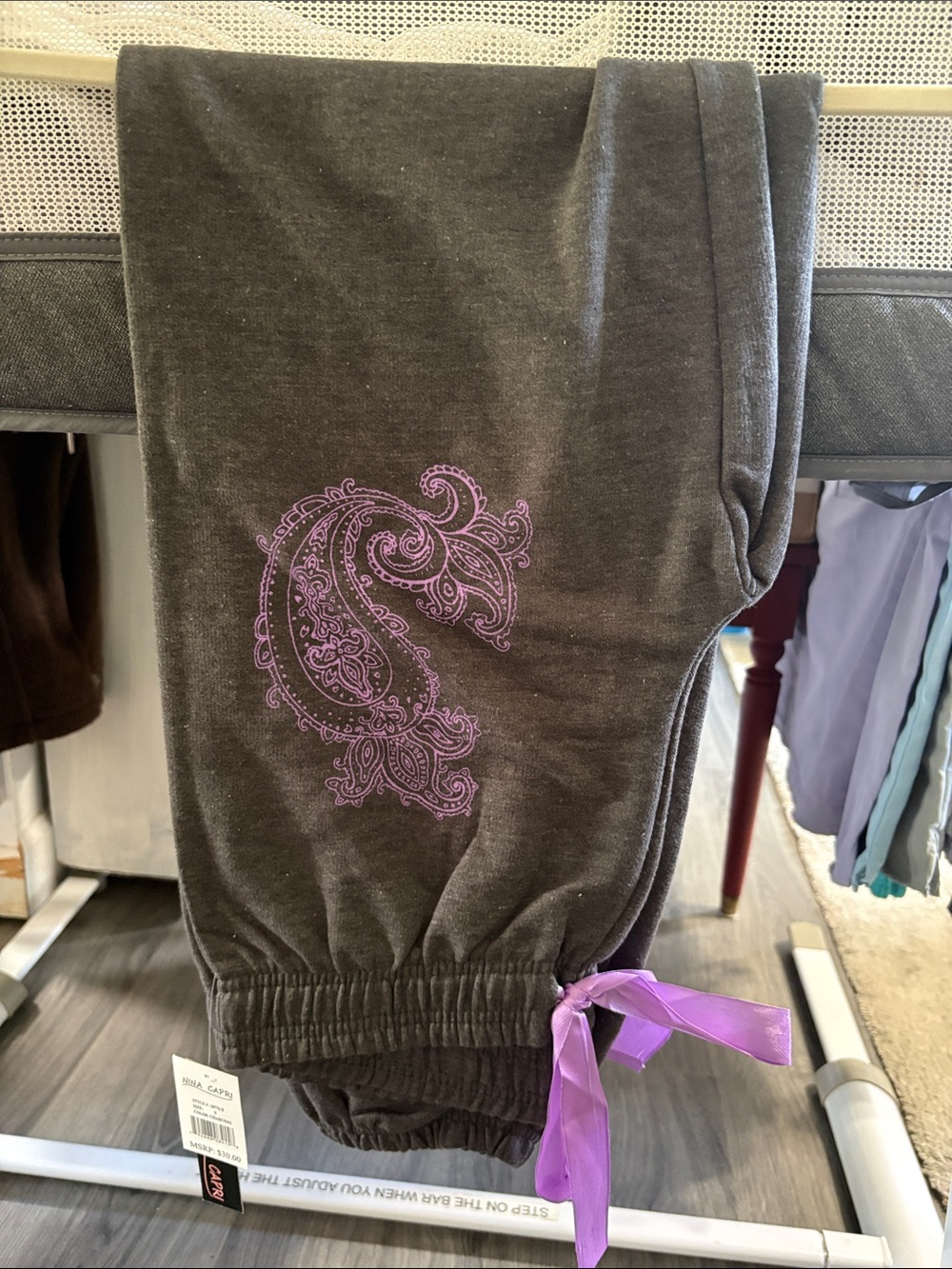 Nina Capri Dark Gray Joggers with Purple Paisley Accent